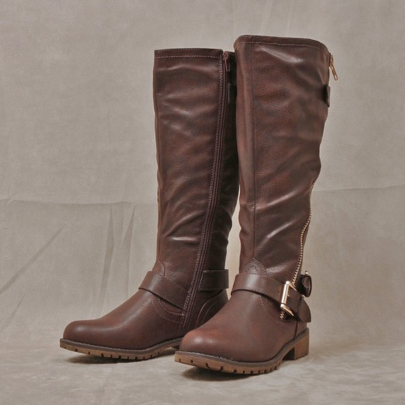 Brown Faux Leather Knee High Moto Boot Angelica01 - Picture 3 of 3